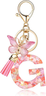 El Regalo Personalized Name Initials Butterfly Charm Keychain - Custom Letter Keyring with Pink Tassel & Butterfly Pendant, Purse, Bag, Backpack Accessory (G Letter)