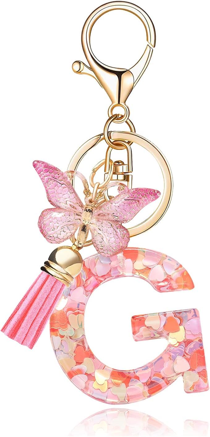 El Regalo Personalized Name Initials Butterfly Charm Keychain - Custom Letter Keyring with Pink Tassel & Butterfly Pendant, Purse, Bag, Backpack Accessory (G Letter)