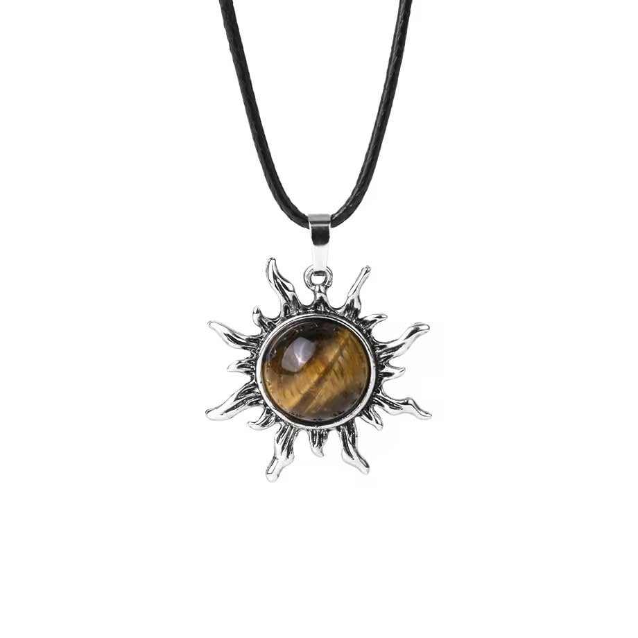 El Regalo Vintage Style Natural Stones Gothic Sun Pendant Unisex Necklace (Tiger Eye- Brown)