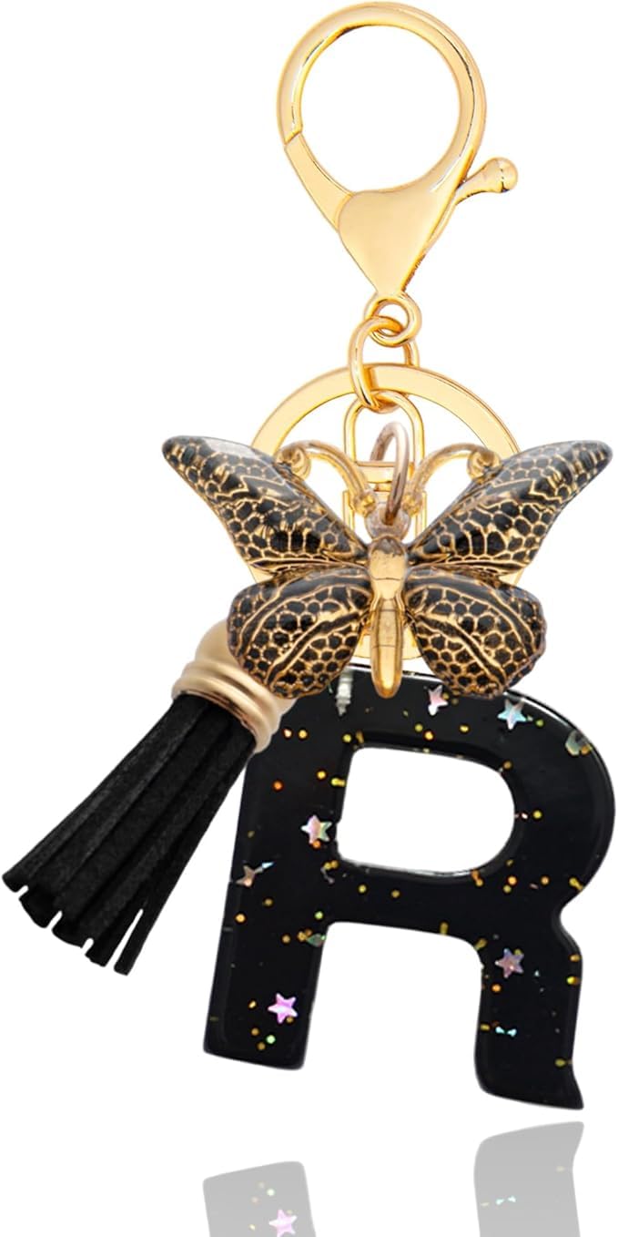 El Regalo Personalized Name Initials Butterfly Charm Keychain - Name Letter Keyring with Black & Golden Tassel & Butterfly Pendant, Purse, Bag, Backpack Accessory (R Letter)