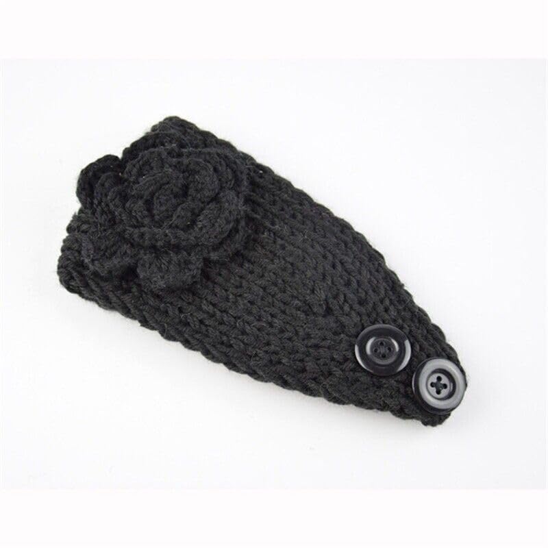 El Regalo's 1PC Winter Crochet Knitted Headwrap Headband with 3D flower & Button for Girls & Women- Ear Warmer Hair Muffs Band | Winter Designer Headbands for Teens & Women (Black)