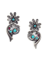 El Regalo Vintage Style Floral Stud Earrings - Bold Statement Earrings for Women - Antique Metallic Finish with Red & Turquoise Green Stones
