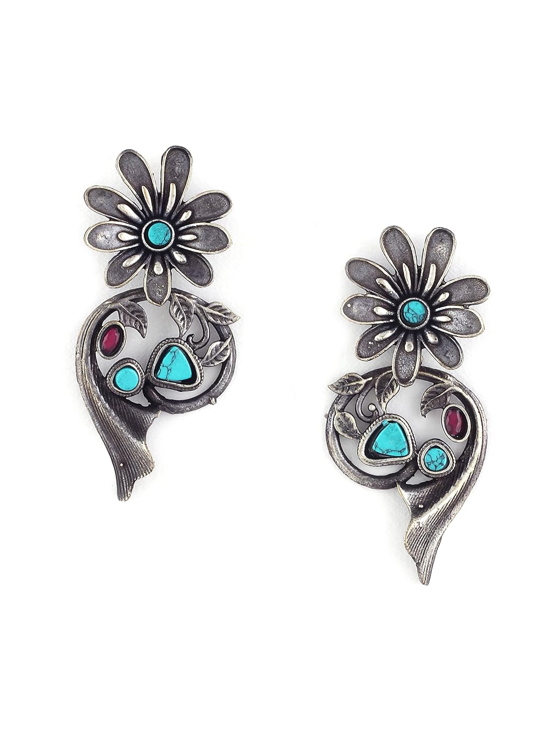 El Regalo Vintage Style Floral Stud Earrings - Bold Statement Earrings for Women - Antique Metallic Finish with Red & Turquoise Green Stones