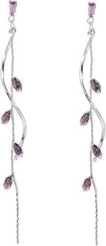 El Regalo Long Copper Zirconia Rhinestone Leaf Drop Dangle Earrings for Women | Korean Style Vine Fringe Earrings | Classy Party, Wedding & Casual Earrings Jewelry (Purple Silver)
