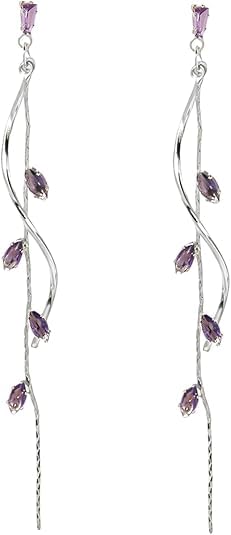 El Regalo Long Copper Zirconia Rhinestone Leaf Drop Dangle Earrings for Women | Korean Style Vine Fringe Earrings | Classy Party, Wedding & Casual Earrings Jewelry (Purple Silver)