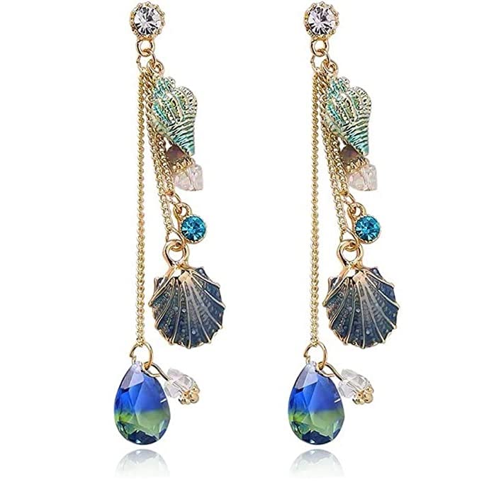 El Regalo Ocean Blue Tassel Shell Dangle Earrings - Chandelier Sparkly Bohemia Shine Rhinestone Scallop Beach Earrings for Women Girls