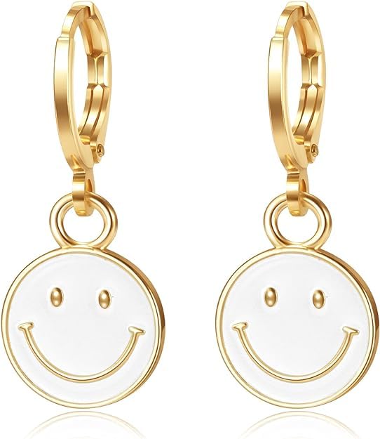 El Regalo Smiley Face Small Huggie Hoop Trendy Emoji Earrings- Preppy Cute Happy Face Dangle Drop Cartilage Colorful Hypoallergenic Earrings Gifts for Teen Girls Women (White)