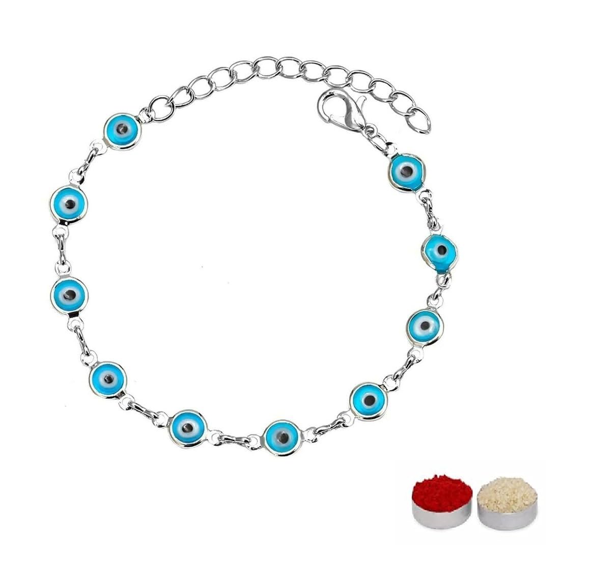 El Regalo Evil Eye Rakhi for Brother/Bhai with Roli Chawal, Rakhi Message Card in Rakhi Gift Box (Silver Blue)