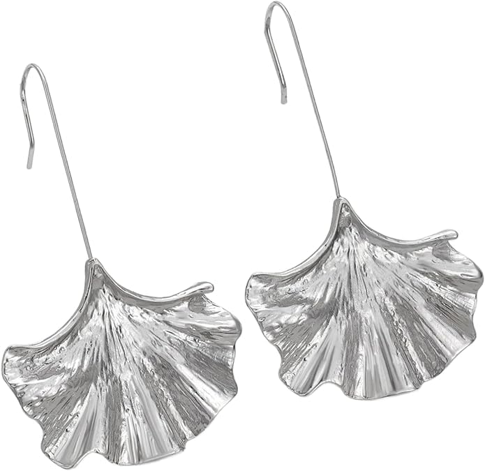 El Regalo Big & Bold Ginkgo Leaf Drop Dangle Earrings - Fashionable Fall Maple Leaf Boho Earrings for Women & Girls, Classy Statement Jewelry (Silver)