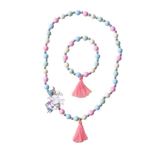 El Regalo Kids/Toddlers/Girls Wooden Beads Handmade Necklace & Bracelet Jewelry Sets (1 Necklace & 1 Bracelet): Kids Princess Jewelry Set (Unicorn Teasel Jewelry Set)