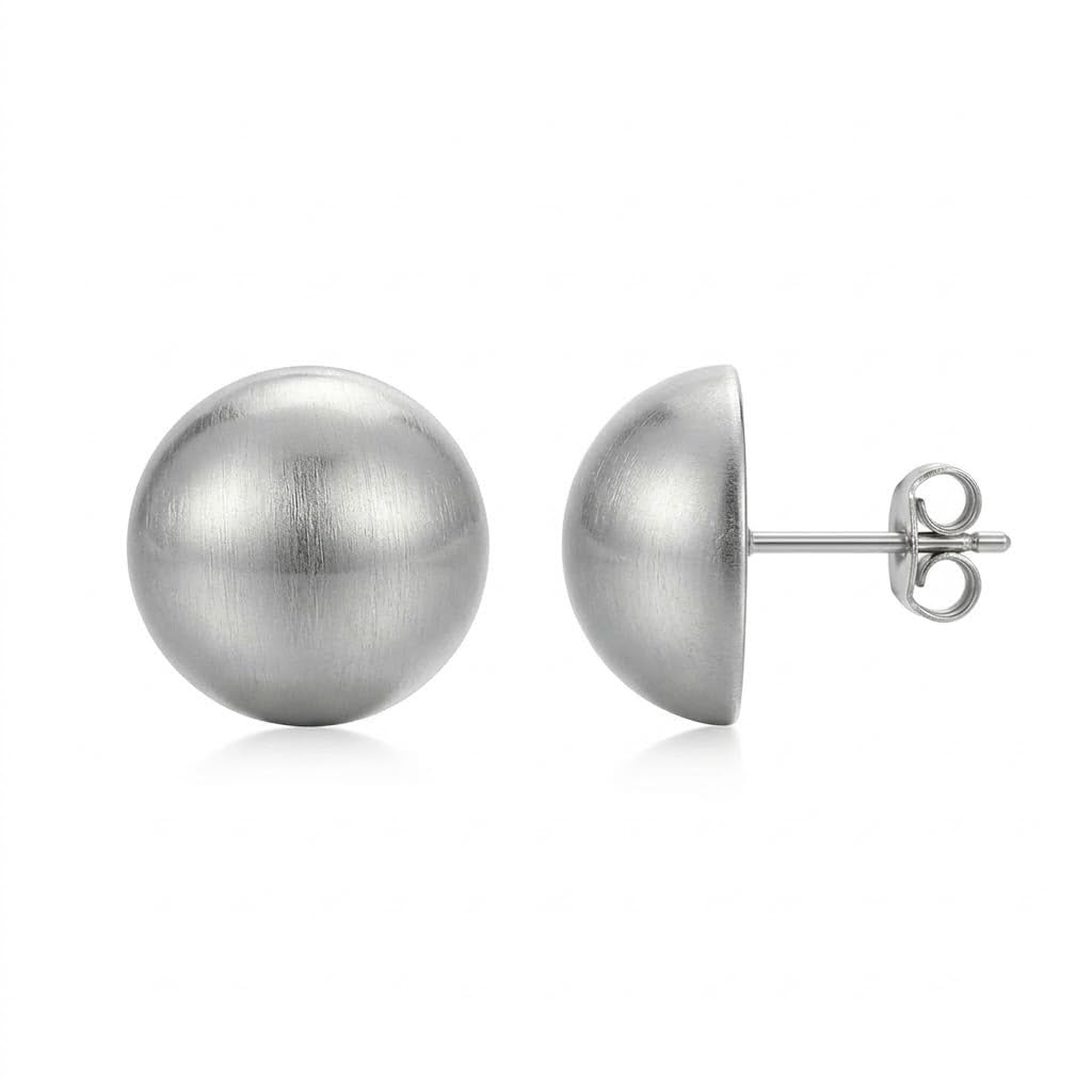 El Regalo Matte Silver Brushed Half-Ball Stud Earrings for Women & Girls | Minimalist Frosted Dome Geometric Earrings | Hypoallergenic Jewelry Gift