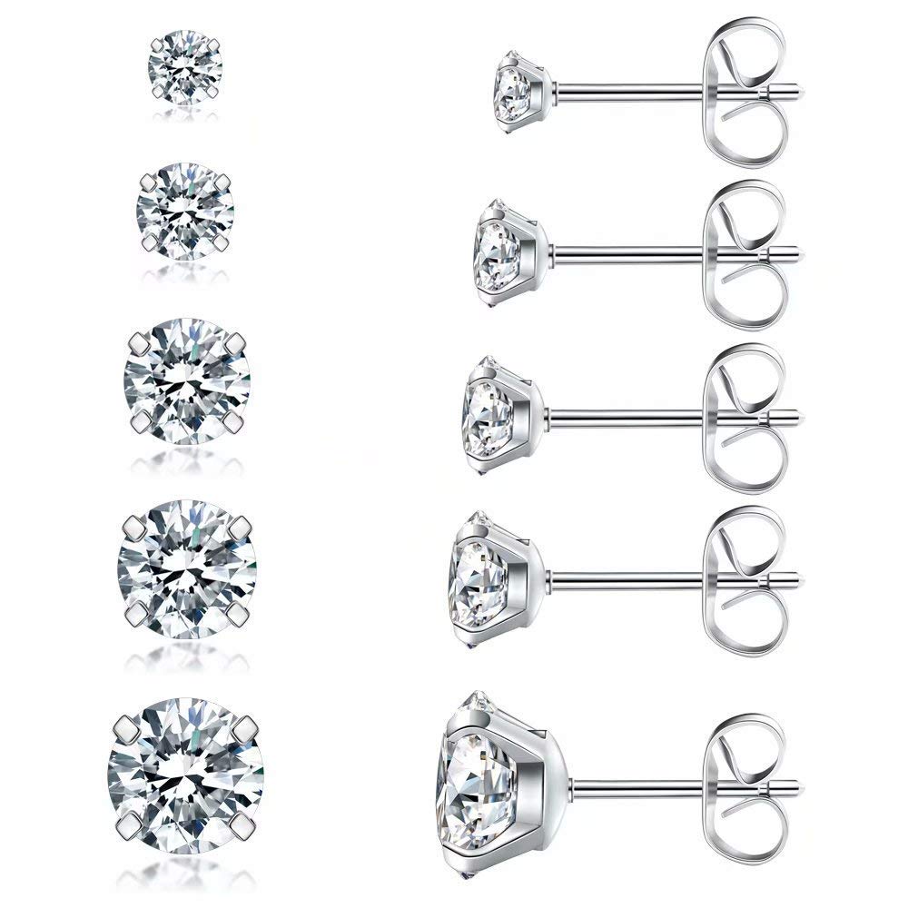 El Regalo 5 Pairs Unisex Stud Earrings Set, Hypoallergenic Cubic Zirconia 316L Earrings Stainless Steel CZ Earrings 3-8mm for Girls/Boys/Men & Women