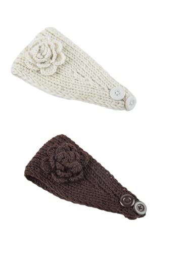 El Regalo 2 PCs Knitted Flower Warm Winter Woolen Headband with Buttons for Face Mask Cover | Cold Weather Hair Accessories Head Wrap | Winter Headbands for Girls & Women (Pack of 2) (White & Coffee)