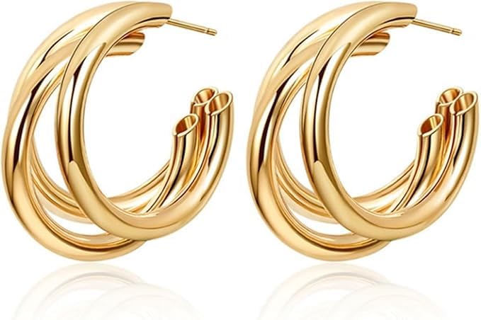 El Regalo Trendy Triple 3 Hoop Stud Earrings- Western Fashion Earrings for Girls & Women (Golden Hoops)