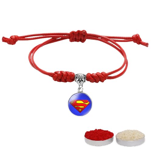 El Regalo 1PC Superhero Kids Rakhi- Fun Kids Bracelet Rakhi with Roli Chawal, Rakhi Message Card in Rakhi Gift Box for Little Bro/Sister/Niece or Nephew (Superman Red Rakhi)