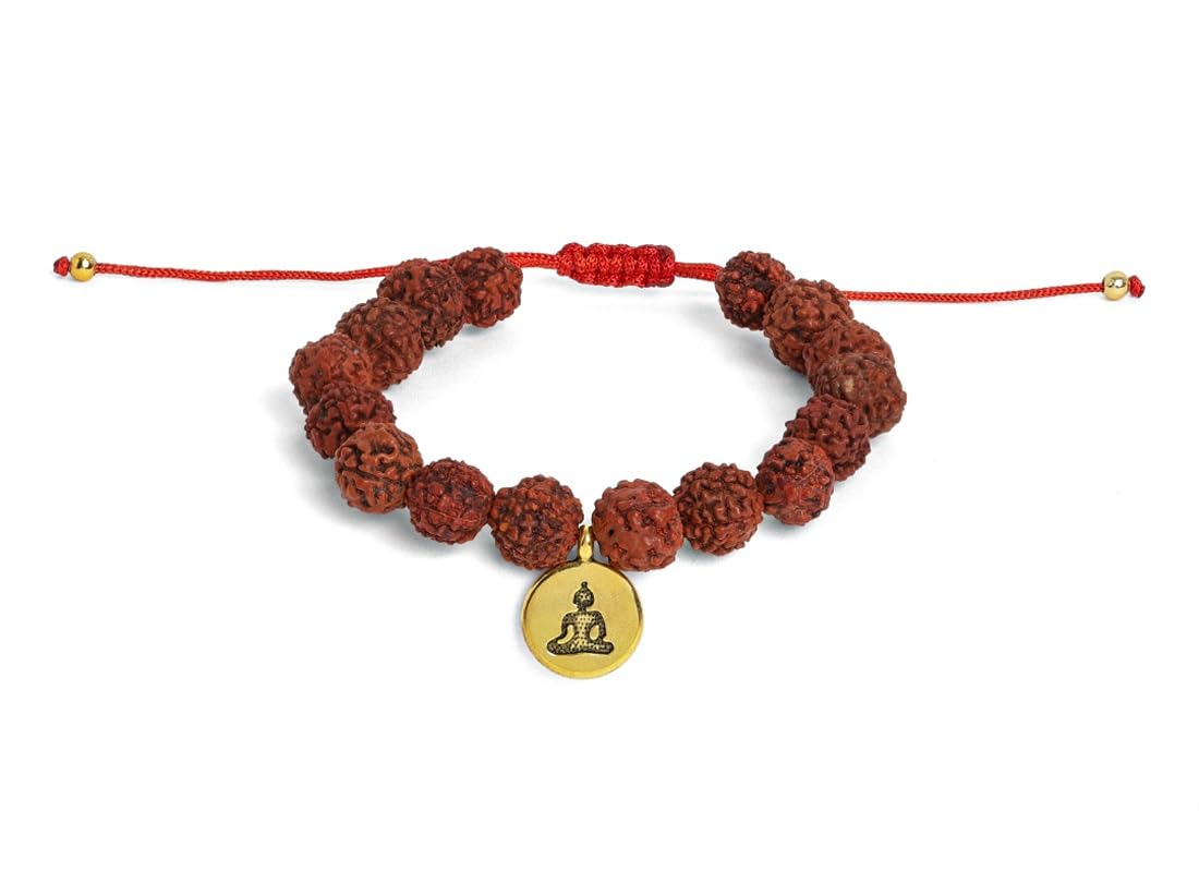 El Regalo Unisex 1 PC Natural Rudraksha Beads Adjustable Bracelet: Handmade Lord Shiva Rudraksha Beads Bracelet with Spritual OM/Aum, Budhdha, Lotus Charms (Golden Budhdha Rudraksha Bracelet)