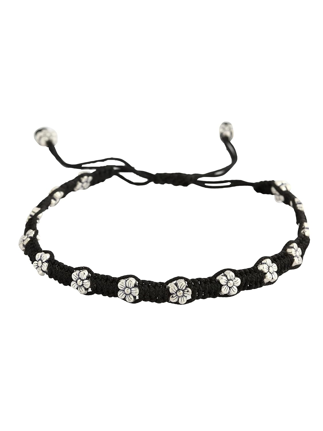 El Regalo 1 PC Boho Macram Adjustable Oxidized German Silver Bead Nazabattu Anklet for Girls & Women- 1 Leg Bohemian Tribal Thread Anklet (Floral Bead Nazarbattu Anklet)