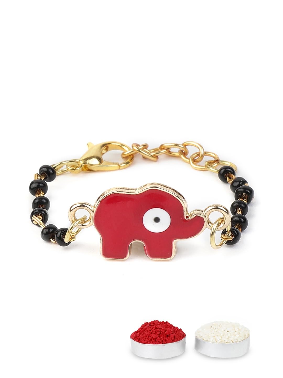 El Regalo Cute Evil Eye Nazaria Bracelet Rakhi for Babies/Kids with Roli Chawal, Rakhi Message card in Rakhi Gift Box- Baby Nazaria Rakhi (Red Elephant Nazaria Rakhi)