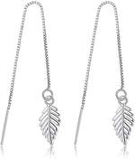 El Regalo 925 Silver Plated Minimalist Long Thin Linear CZ Elegant Threader Dangle Chain Earrings for Girls & Women (Leaves Threaders)
