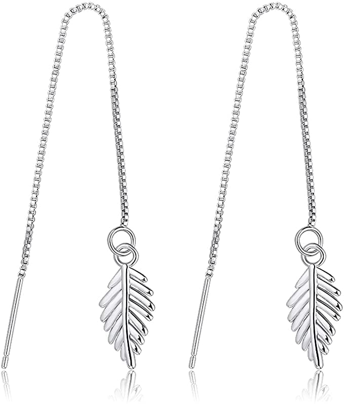 El Regalo 925 Silver Plated Minimalist Long Thin Linear CZ Elegant Threader Dangle Chain Earrings for Girls & Women (Leaves Threaders)