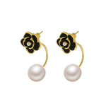 El Regalo 1 Pair Luxury Black & White Camellia Oil Drop Flower Pearl Cuff Earrings for Girls & Women - Retro Elegant Flower Stud Earring (Black)