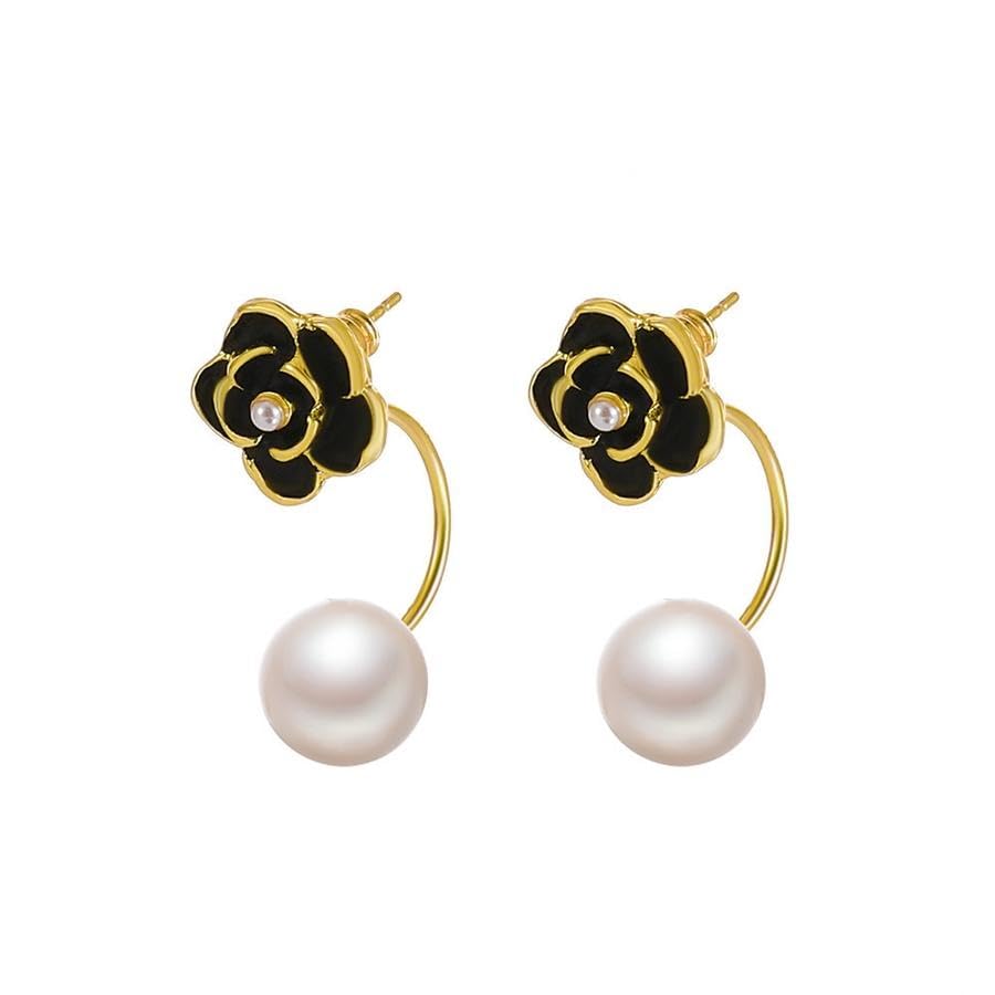 El Regalo 1 Pair Luxury Black & White Camellia Oil Drop Flower Pearl Cuff Earrings for Girls & Women - Retro Elegant Flower Stud Earring (Black)