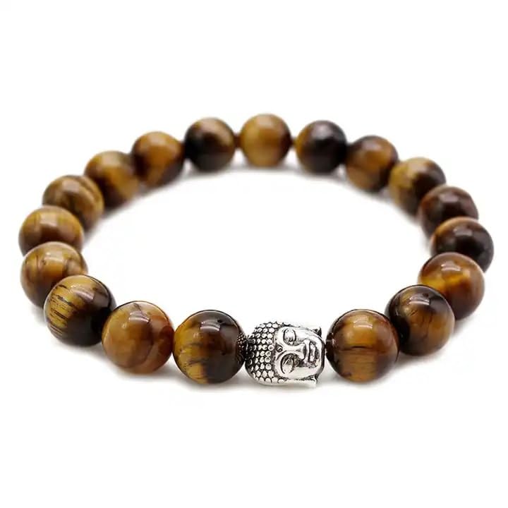 El Regalo 1PC Natural Tiger Eye Beads Stretch Unisex Bracelet for men & Women with Hamsa Hand, Rudraksha, Elephant & Budhdha Charms (Budhdha Tiger Eye Bracelet)