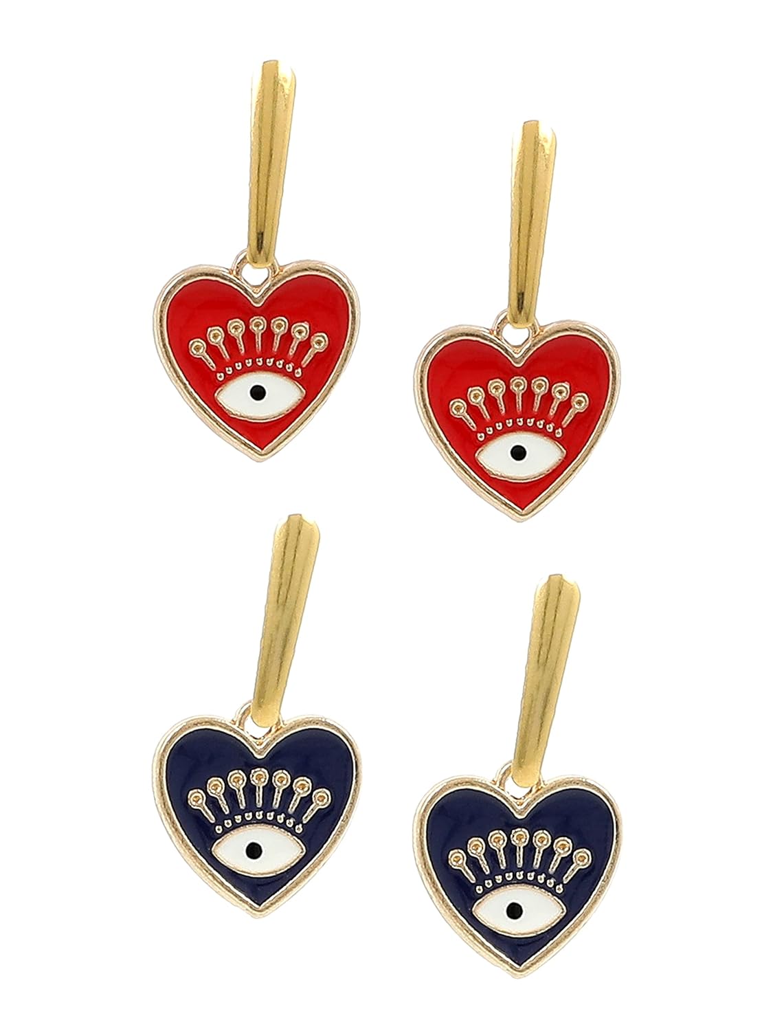 El Regalo 2 Pairs Evil Eye Hypoallergenic Dangle Heart, Star, Rainbow Studs/Hook Earrings - Handcrafted Golden Enamel Evil Eye Earrings for Girls & Women (Option- 2)