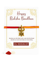 El Regalo 1PC Traditional Rakhi for Brother with Roli Chawal & Message Card | Designer Rakshabandhan Thread with OM, Shree Ram, Ganesha, Krishna Charms | Rakhi Gift Box Included (Trident)