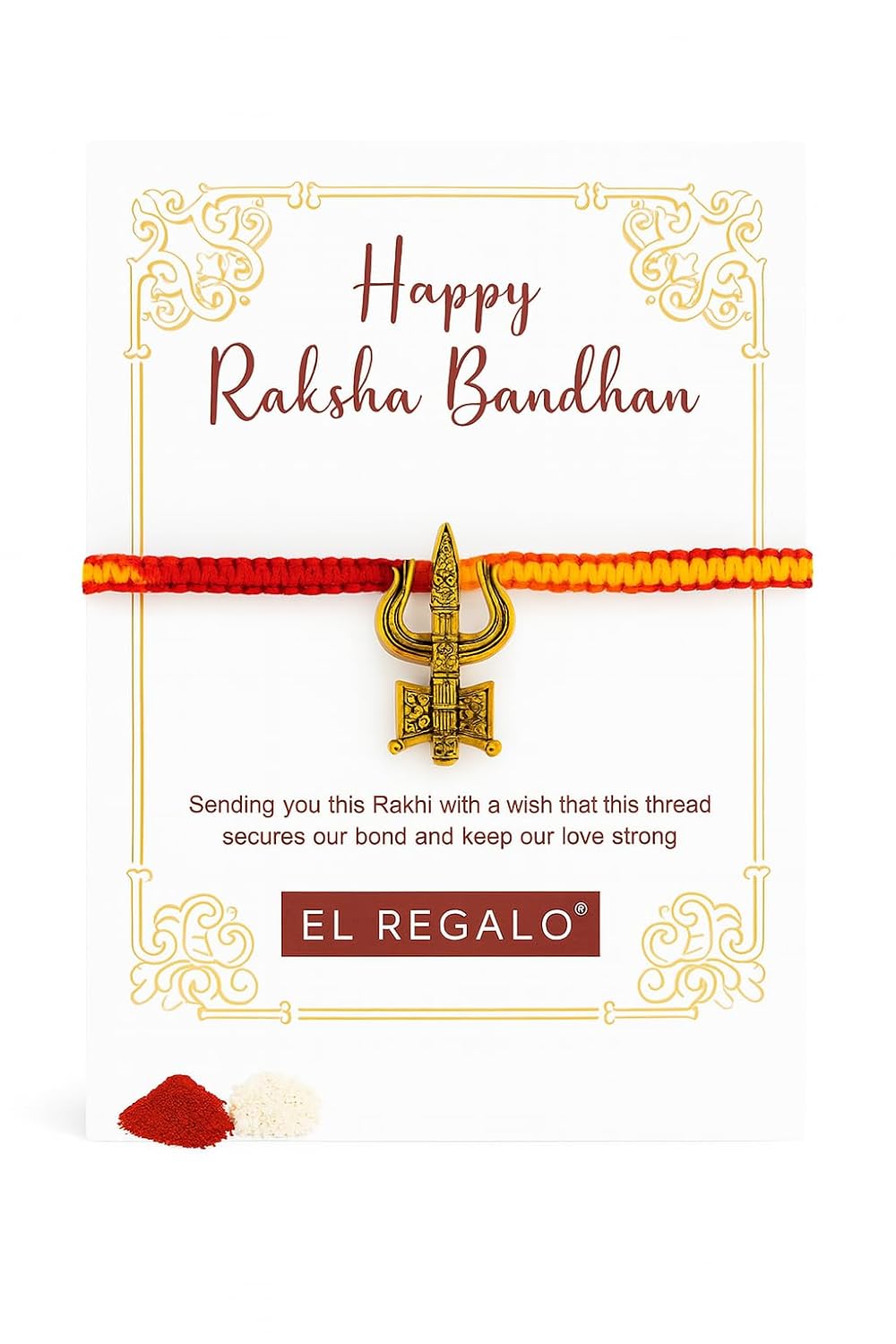 El Regalo 1PC Traditional Rakhi for Brother with Roli Chawal & Message Card | Designer Rakshabandhan Thread with OM, Shree Ram, Ganesha, Krishna Charms | Rakhi Gift Box Included (Trident)