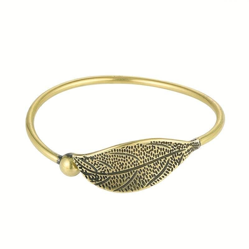 El Regalo Vintage Brass Leaf Bracelet for Women- Ethnic Style Leaf Pattern Open Cuff Bracelet