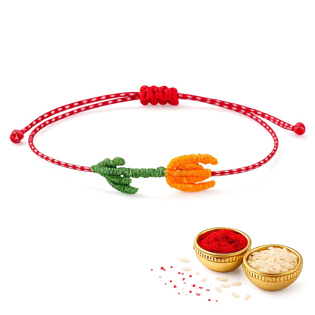 El Regalo Unique Handmade Flower Leaf Bracelet Rakhi for Brother-Flower Bud - Green & Orange
