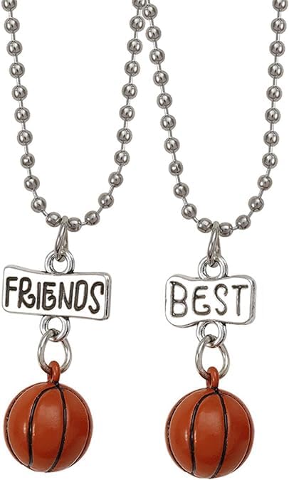 El Regalo 2PCs Best Friends 3D Basketball Necklace Set- BFF Basketball Sports Necklaces Set for Girls & Boys (Brown)