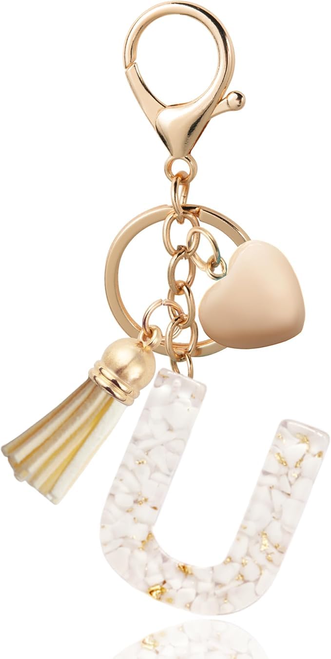 El Regalo Name Initials Letter Heart Charm Keychain - Personalized Resin Initial Keyring with Tassel, Cute & Durable Backpack Charm for Women & Girls (U Letter)