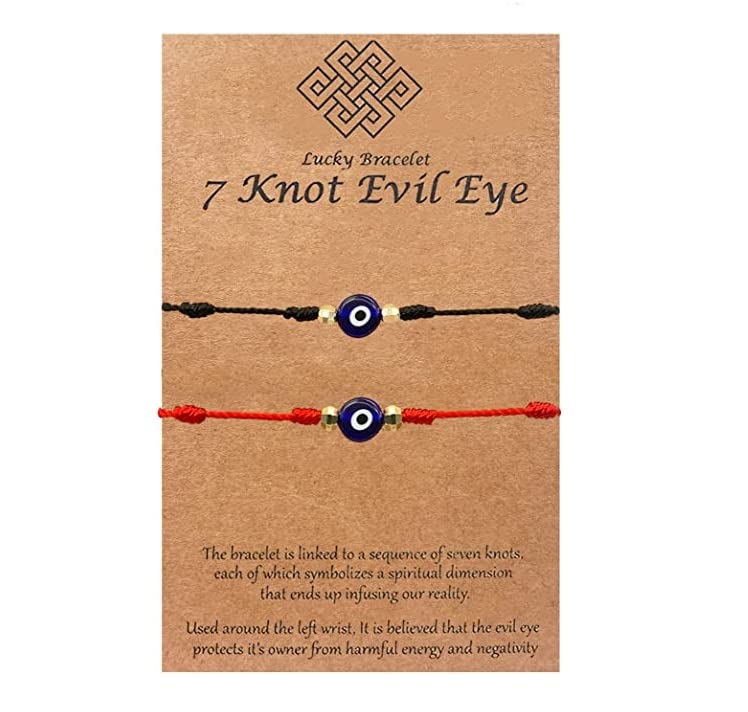 El Regalo 2PCs Lucky Evil Eye 7 Knots Handwoven Adjustable Bracelets - Protection 7 Knots Evil Eye Unisex Bracelet Set for All- Girls/Boys/Men & Women (1 Black 1 Red Evil Eye)
