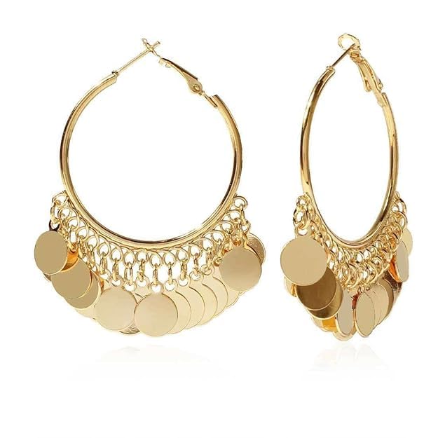 El Regalo Bohemian Gold Hoop Earrings with Hanging Coin Discs for Women & Girls | Light Indo Western Chandbali Style Bali | Gypsy Festival & Party Fashion Jewellery