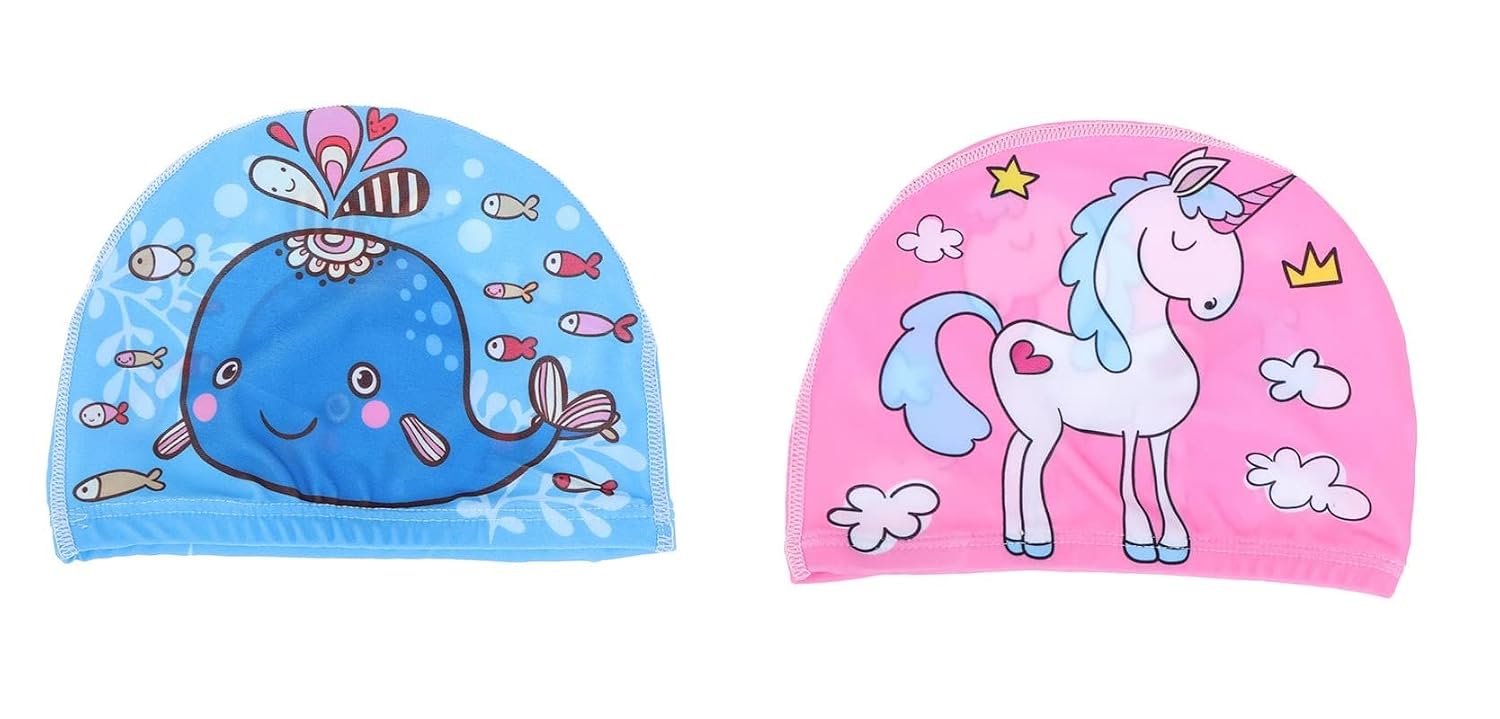 El Regalo 2 PCs Swim Cap Kids/Toddlers, Comfortable Breathable Polyester Fabric Swimming Caps Cute Cartoon Dolphin, Shark, Owl, Mermaid Fairy, Unicorn, Giraffe Swim Caps (Dolphin & Unicorn)