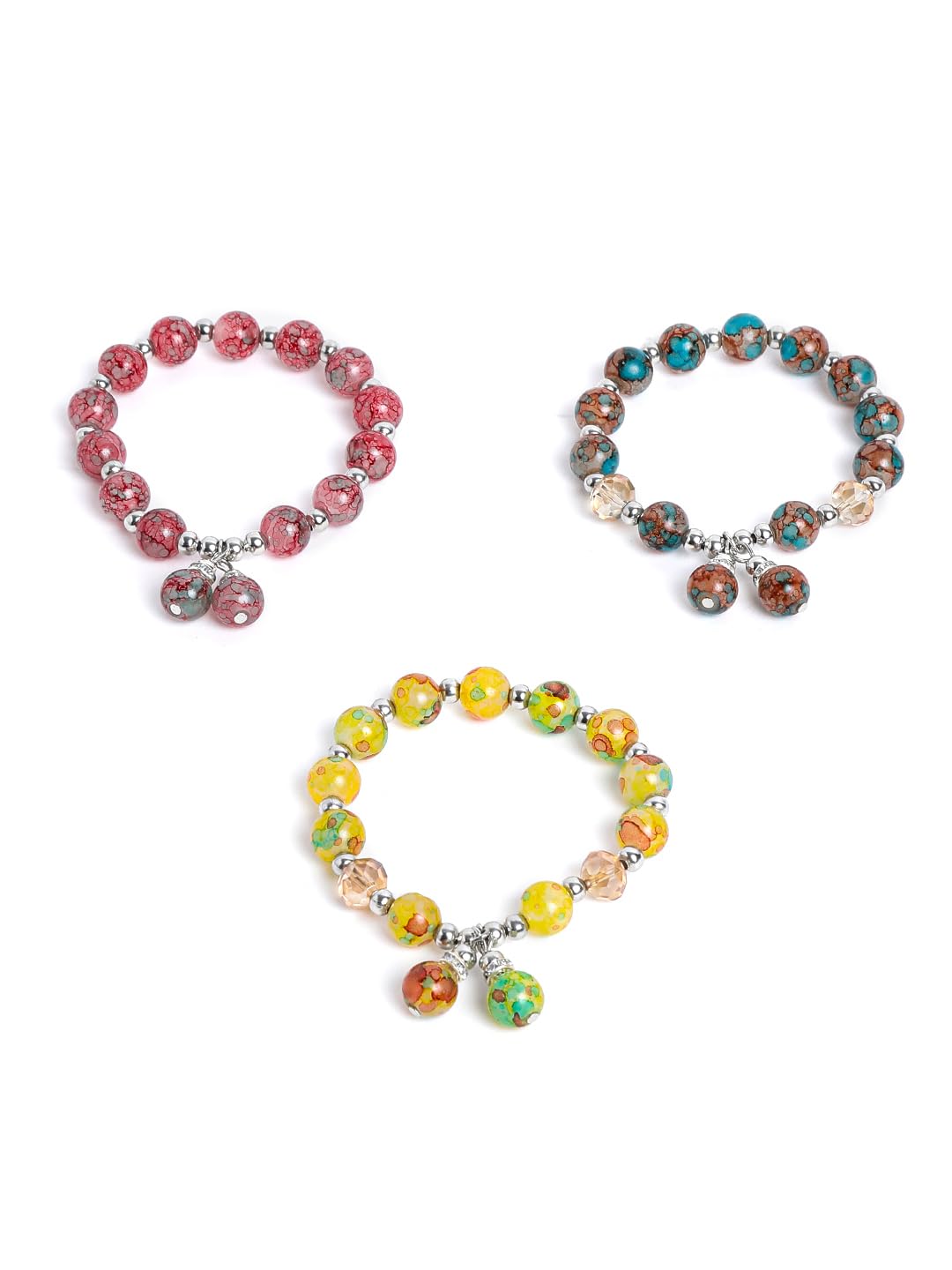 El Regalo 3 PCs Bohemian Crystal Beads Bracelet Set- Multi Colored Natural Stones Strech Bracelets for Girls & Women