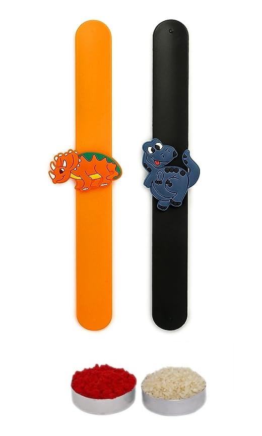 El Regalo 2PCs Dinosaur Rakhi- Cute Kids Dino Slap Band Rakhi for Little Brother or Sister- Colorful Dinosaur Fun Kids Rakhi with Roli Chawal in Rakhi Gift Box for Brother/Niece or Nephew (Option-3)