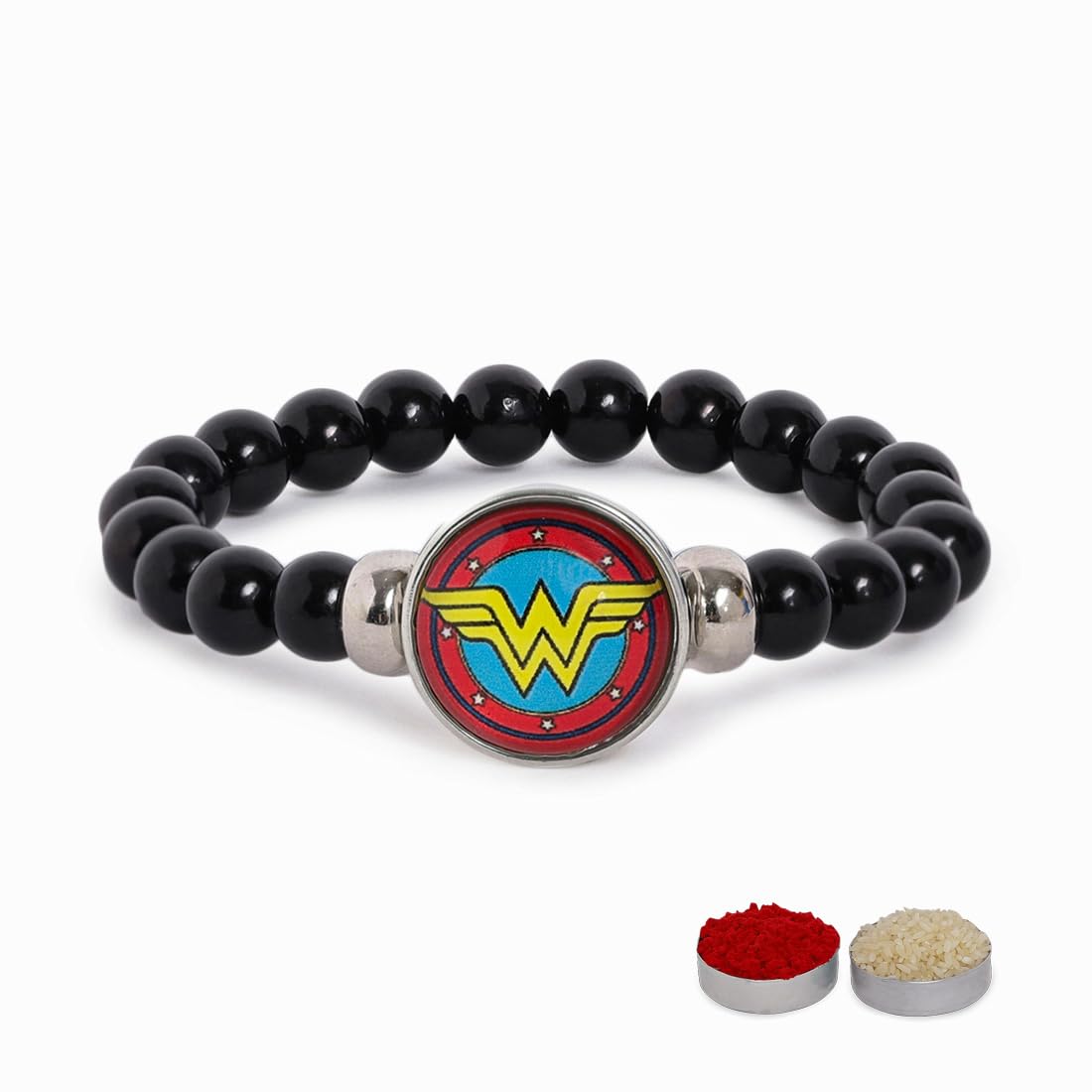 El Regalo 1PC Superhero Kids Marvel Theme Rakhi with Replacement Button for Brother- Kids Unisex Rakhi with Roli Chawal, Rakhi Message Card in Rakhi Gift Box for Little Bro (Wonder Women Rakhi)