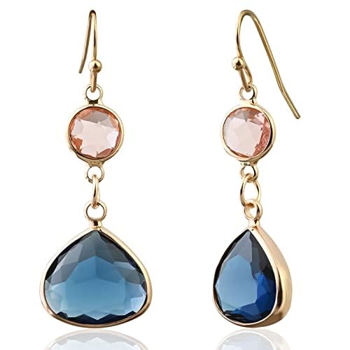El Regalo Simulated Navy Blue Sapphire & Champagne Topaz Crystal Earrings- Hypoallergenic Dangle Drops Crystal Earrings for Girls & Women (Blue)