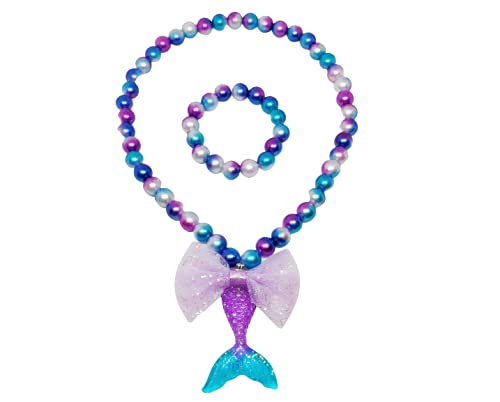 El Regalo Girls Princess Necklace Bracelet with Colorful Mermaid Shiny Beads Bow Kids Stretchy Costume Jewelry Gift Party Favors Dress up Jewelry for Little Girl Toddler (Shiny Purple)