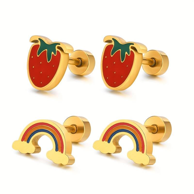 El Regalo 2 Pairs Waterproof Red Strawberry & Cloud Rainbow Stud Earrings for Women Teens Girls - Stainless Steel Hypoallergenic Dainty Small Piercing Earrings Search this page (Golden)