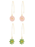 El Regalo 2 Pairs Beautiful Enamel Flowers Long Hook Earrings for Women/Girls - Cute Floral Charms Western Danglers (Pink & Green Flower)