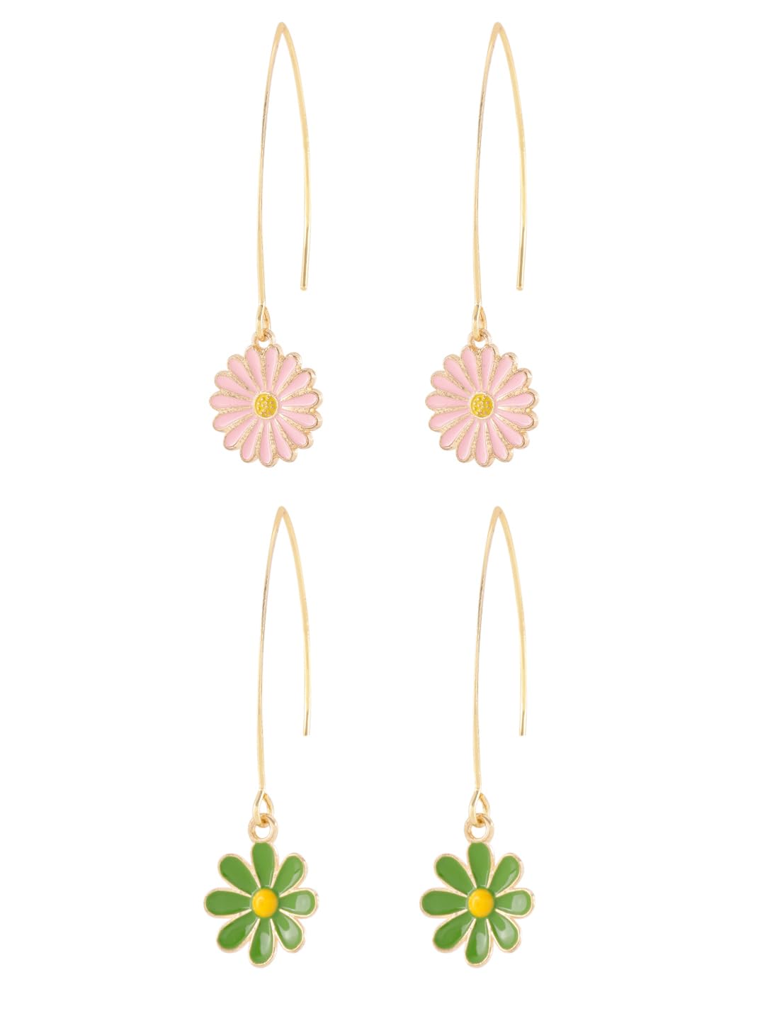 El Regalo 2 Pairs Beautiful Enamel Flowers Long Hook Earrings for Women/Girls - Cute Floral Charms Western Danglers (Pink & Green Flower)