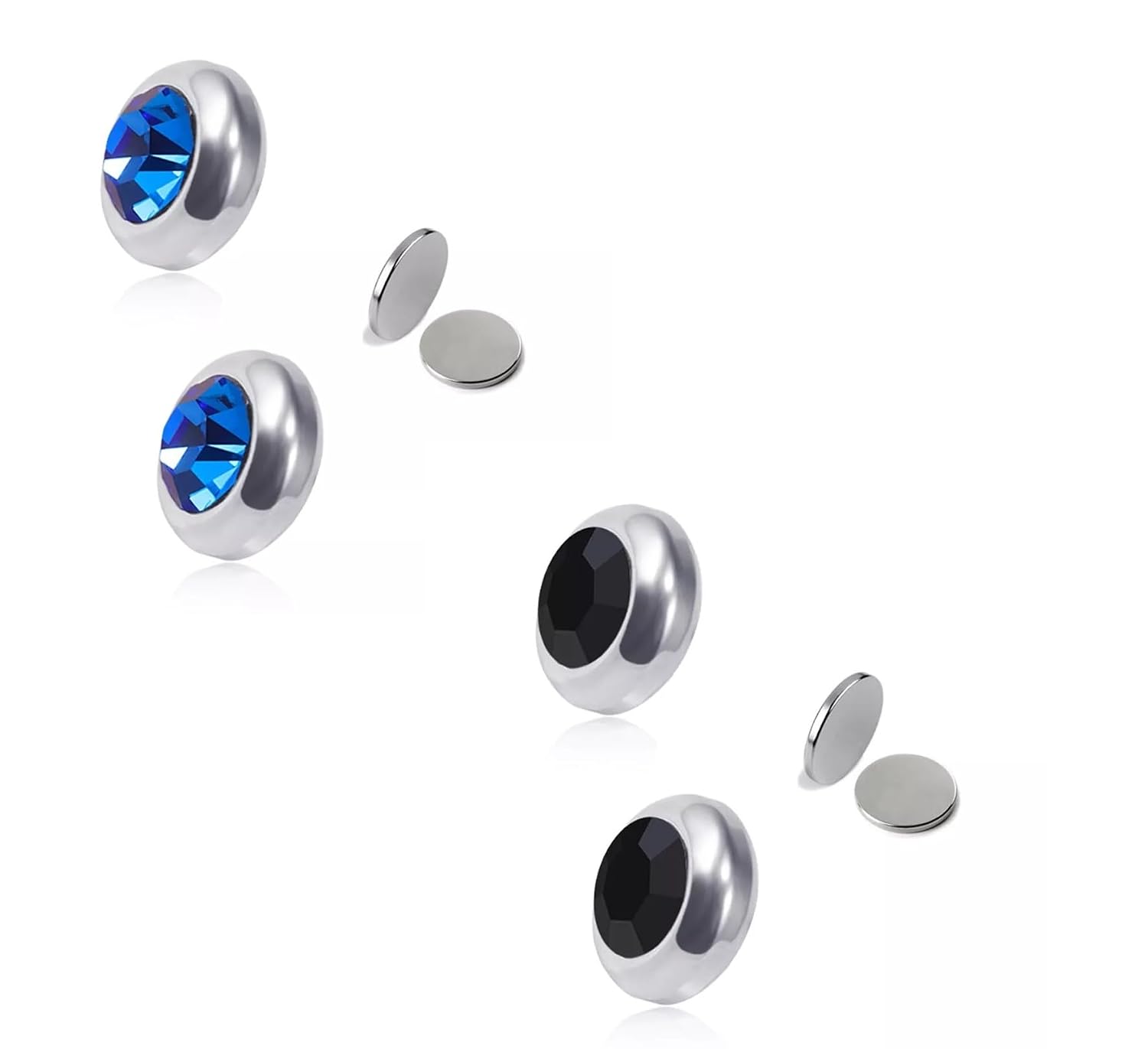 El Regalo 2 Pairs Non-Pierced CZ Magnetic Clip-On Unisex Earrings for Men/Women/Girls/Boys - Colorful CZ Fake Crystal Ear Stud Earrings (Blue & Black)