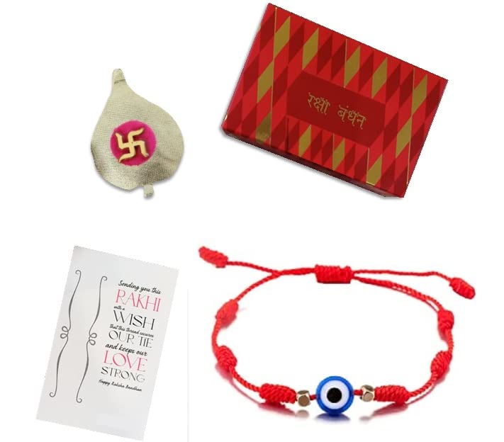 El Regalo Evil Eye Rakhi for Brother - Lucky Kabbalah Blue Turkish Evil Eye Rakhi for Bhaiya/Bhai/Brother/Nephew with shagun, Message Card in Rakhi Gift Box (Evil Eye Rakhi-Style 1)