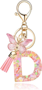 El Regalo Personalized Name Initials Butterfly Charm Keychain - Custom Letter Keyring with Pink Tassel & Butterfly Pendant, Purse, Bag, Backpack Accessory (D Letter)
