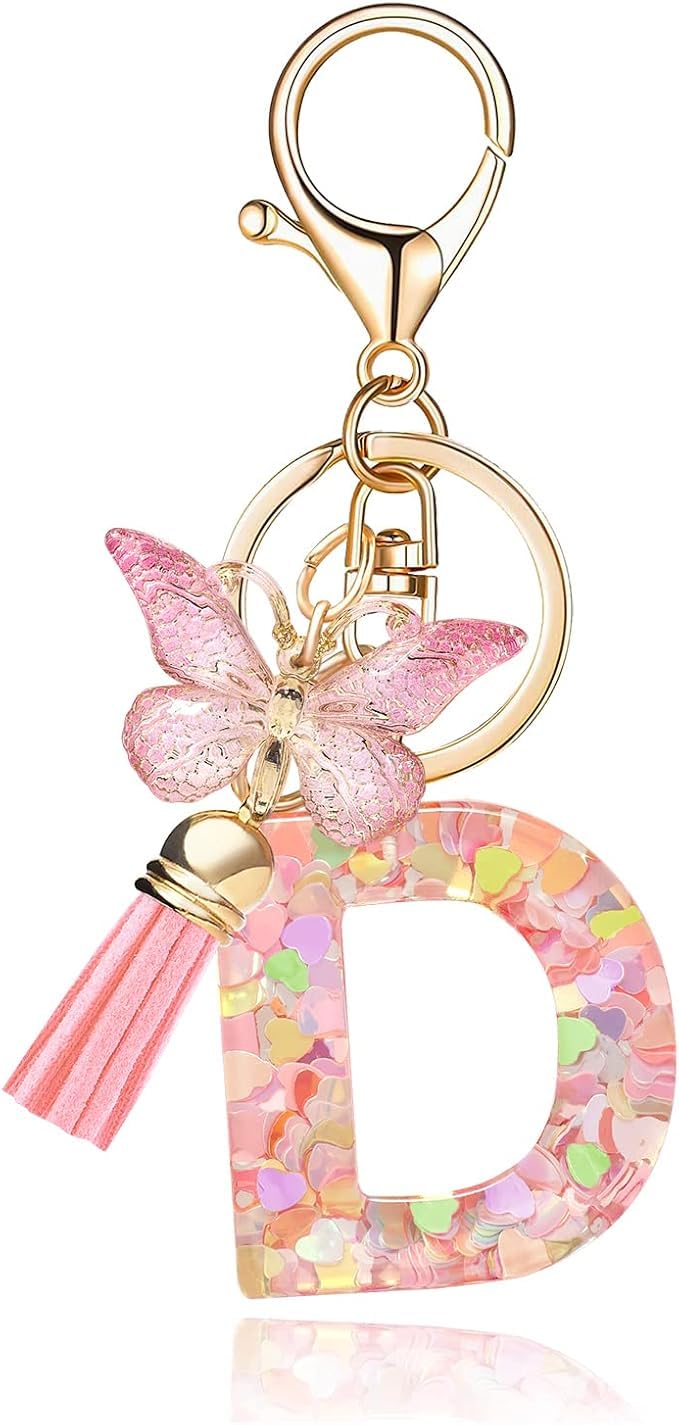 El Regalo Personalized Name Initials Butterfly Charm Keychain - Custom Letter Keyring with Pink Tassel & Butterfly Pendant, Purse, Bag, Backpack Accessory (D Letter)