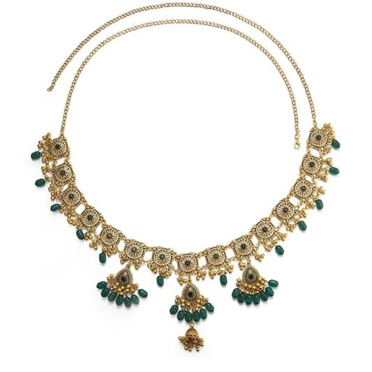 El Regalo Bohemian Vintage Hollow Waist Chain for Women - Indian Ethnic Golden Belly Chain with Beads, Tassels, Jhumkas & Bells - Adjustable Waist/Hip Body Belt for Saree, Lehenga & Dresses (Green)